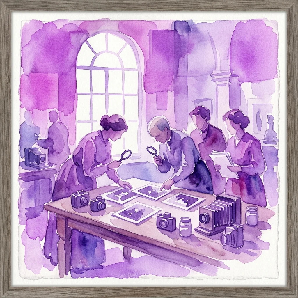 A watercolor illustration of a vintage photography workshop in a museum, with people examining old photographs and cameras using magnifying glasses, highlighting historical photographic techniques and dating.