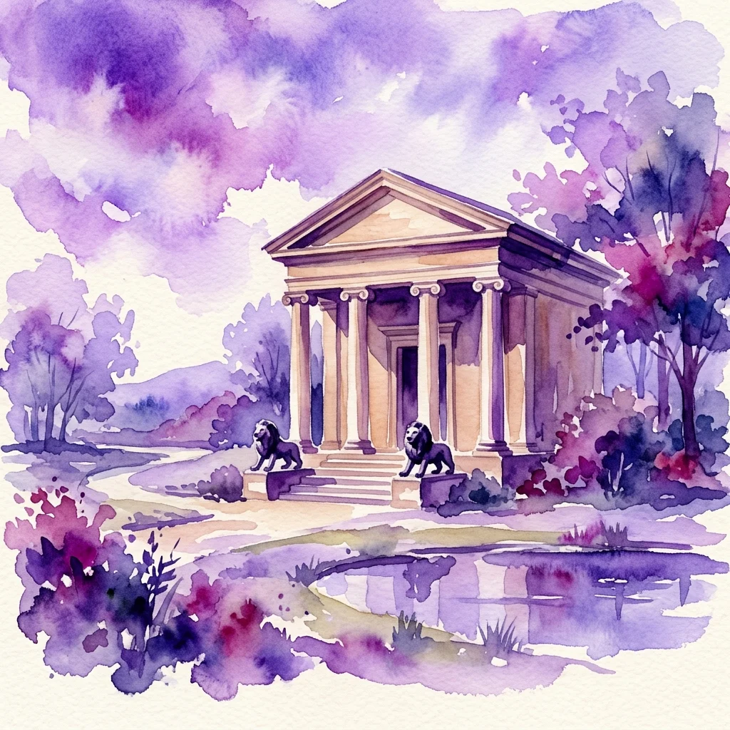 Watercolor illustration of the Temple of Sibyl, a neoclassical wooden pavilion with Ionic columns and two iron lions at the entrance, set in a serene park landscape.