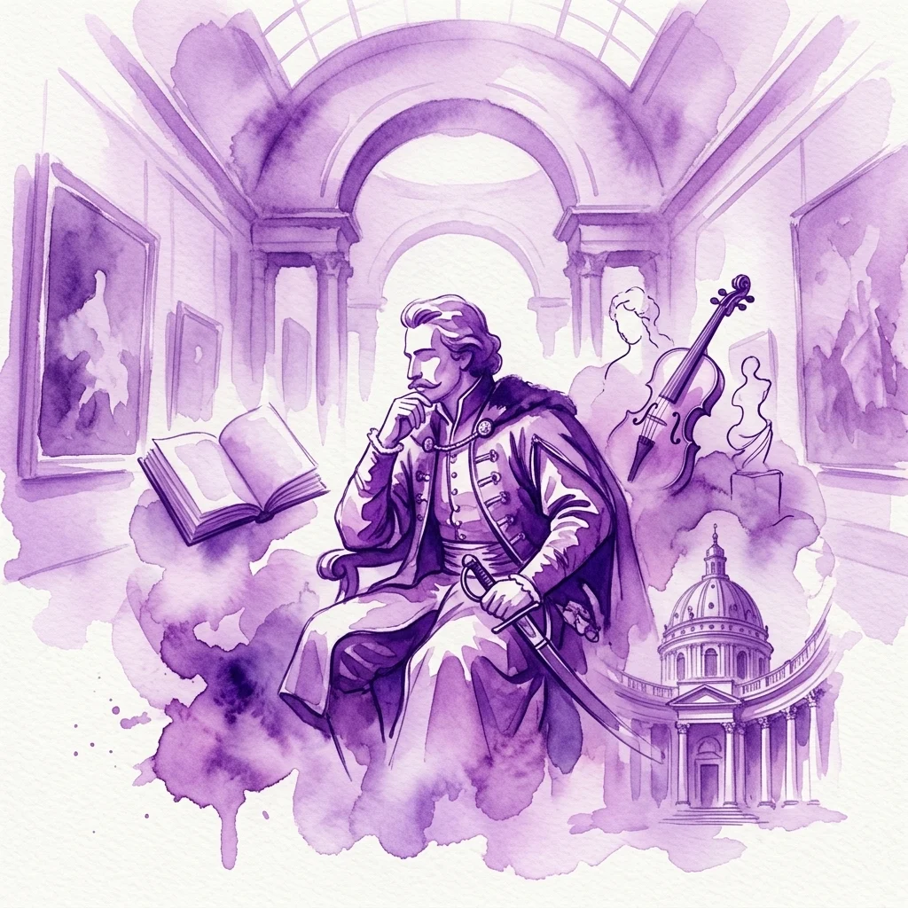 Una ilustración en acuarela de Stanisław Herakliusz Lubomirski en una galería de estilo barroco, rodeado de libros, un violín y elementos arquitectónicos, que representa su legado como escritor y noble polaco.