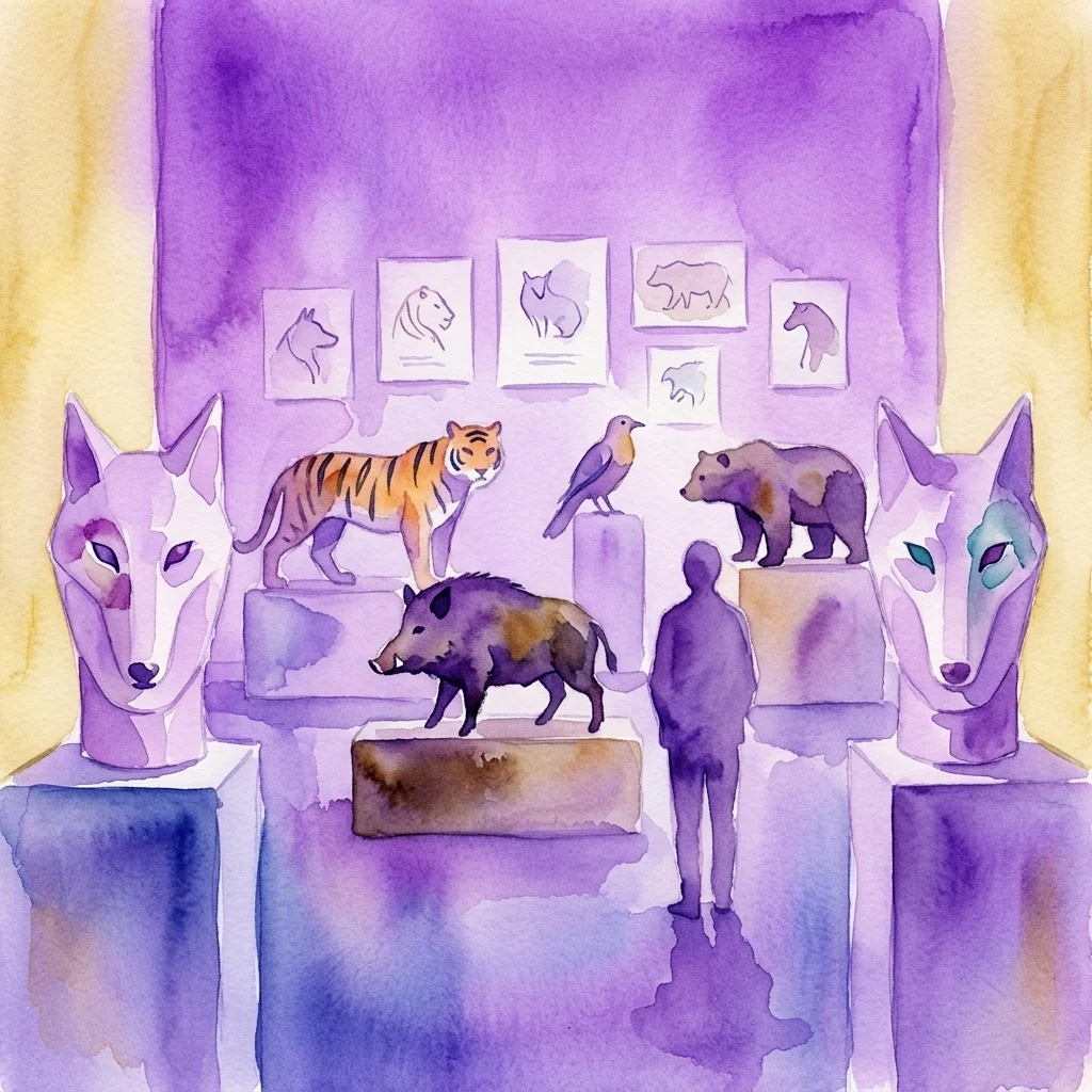 Ilustracja akwarelowa rzeźb i rysunków zwierząt Domicelli Bożekowskiej w galerii muzealnej, przedstawiająca głowy tygrysa, dzika, niedźwiedzia, ptaka i wilka, z odwiedzającym oglądającym wystawę.
