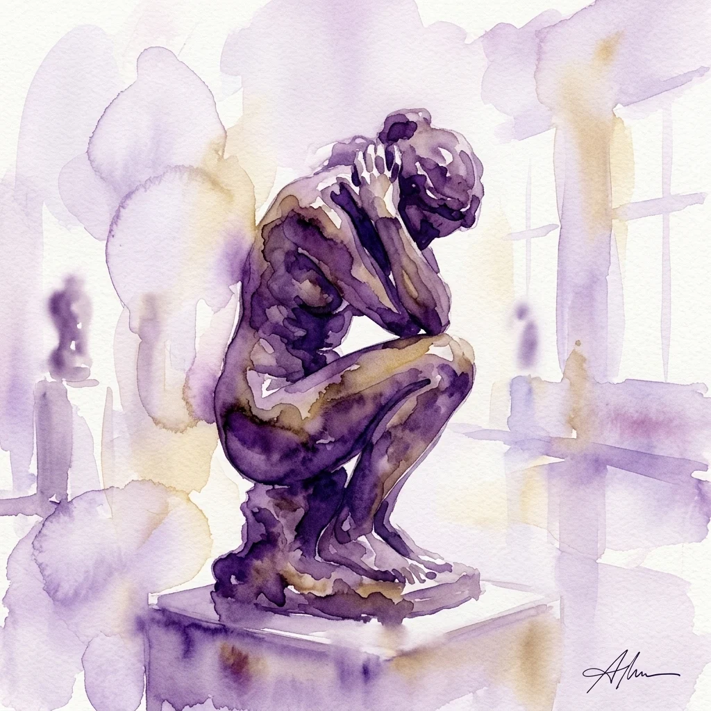Acuarela de la escultura 'El Pensador' de Rodin, representada en tonos púrpuras y dorados, en una galería de museo con iluminación suave.