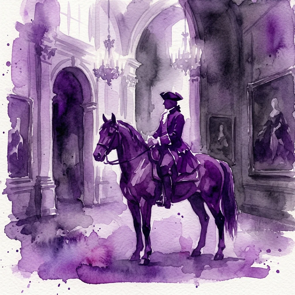 Een aquarelweergave van Rembrandts 'De Poolse Ruiter' in een weelderige paleisgalerij, met een eenzame ruiter in historische kledij onder dramatische paarse verlichting.