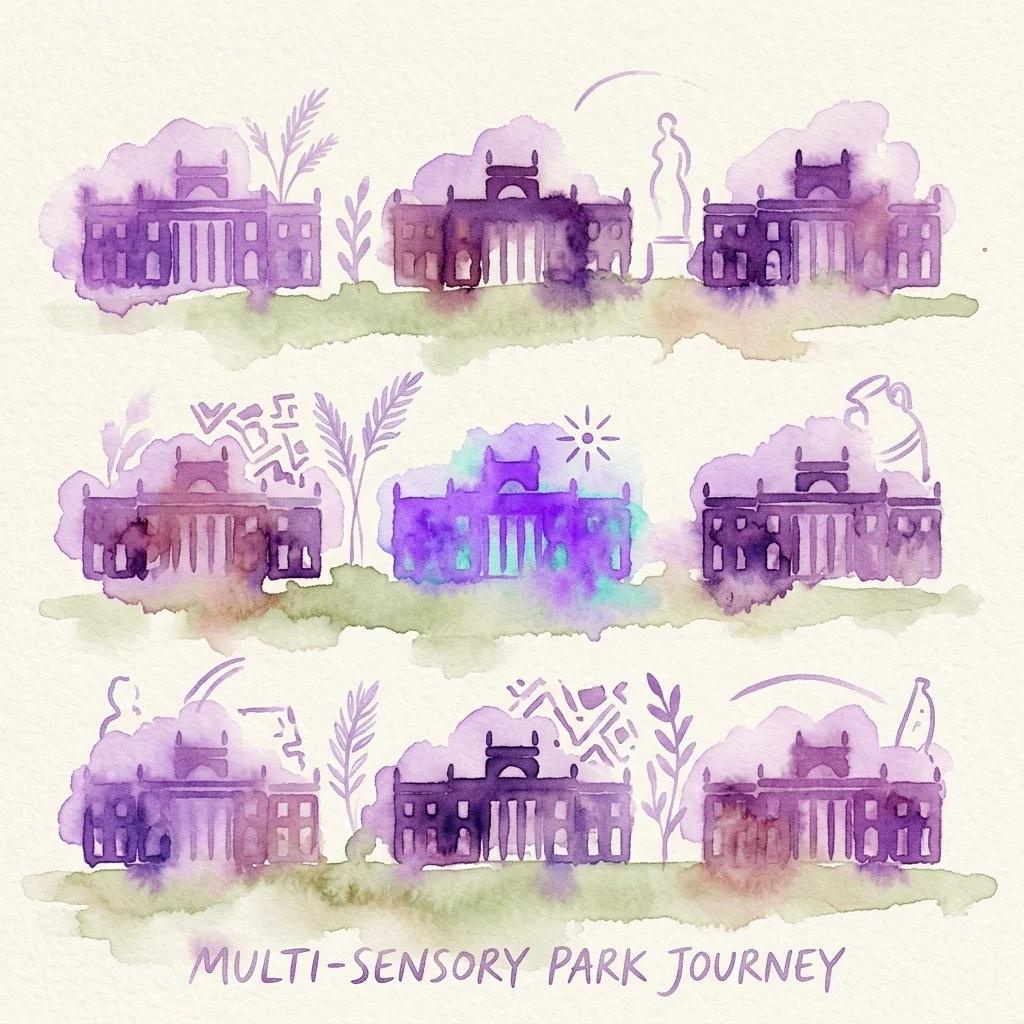 Waterverfillustratie van het Koninklijk Łazienki paleis en park met gebouwen, beelden en planten, met de tekst 'MULTI-SENSORY PARK JOURNEY' onderaan.