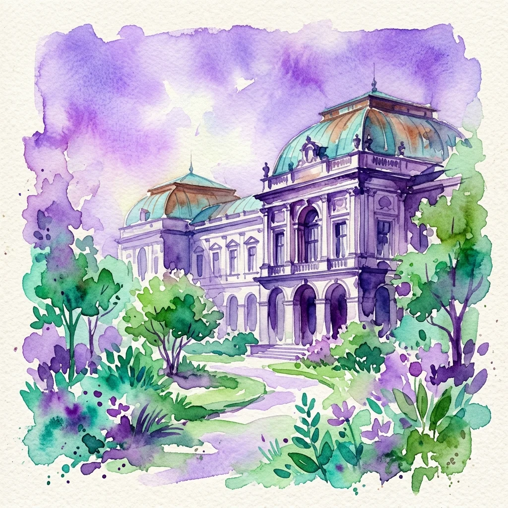 Watercolor illustration of the Myślewicki Palace, a classical building with curved copper roofs surrounded by lush green gardens and purple flowers.
