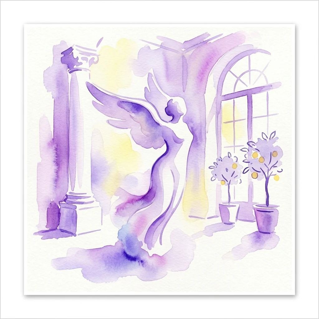 A watercolor illustration of a winged angelic figure in a classical setting with columns and potted citrus trees, evoking the theme of 'The Promise of Happiness' exhibition by Maria Papa Rostkowska.