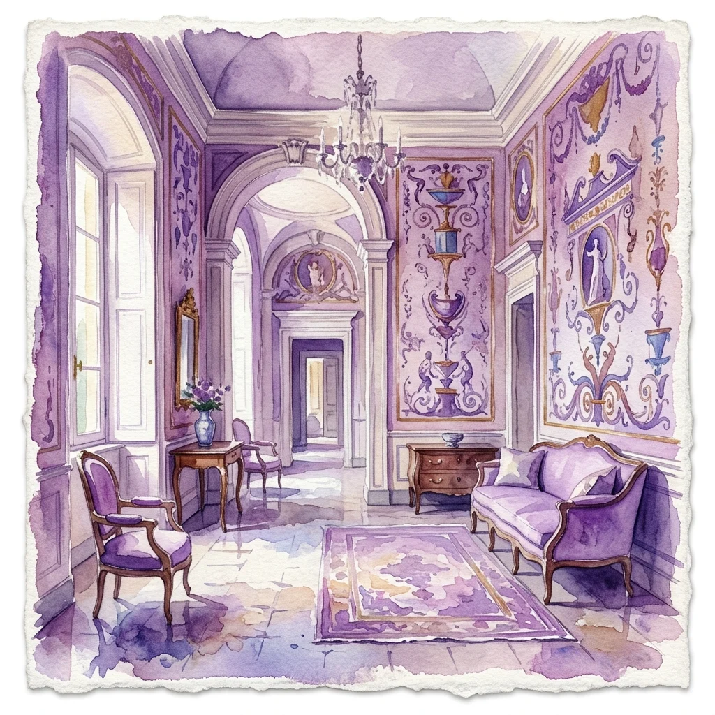 Ilustración en acuarela de un interior neoclásico en la villa de la Casa Blanca del Museo Łazienki Real, que muestra pinturas murales grotescas en color púrpura, muebles de época y una lámpara de araña.