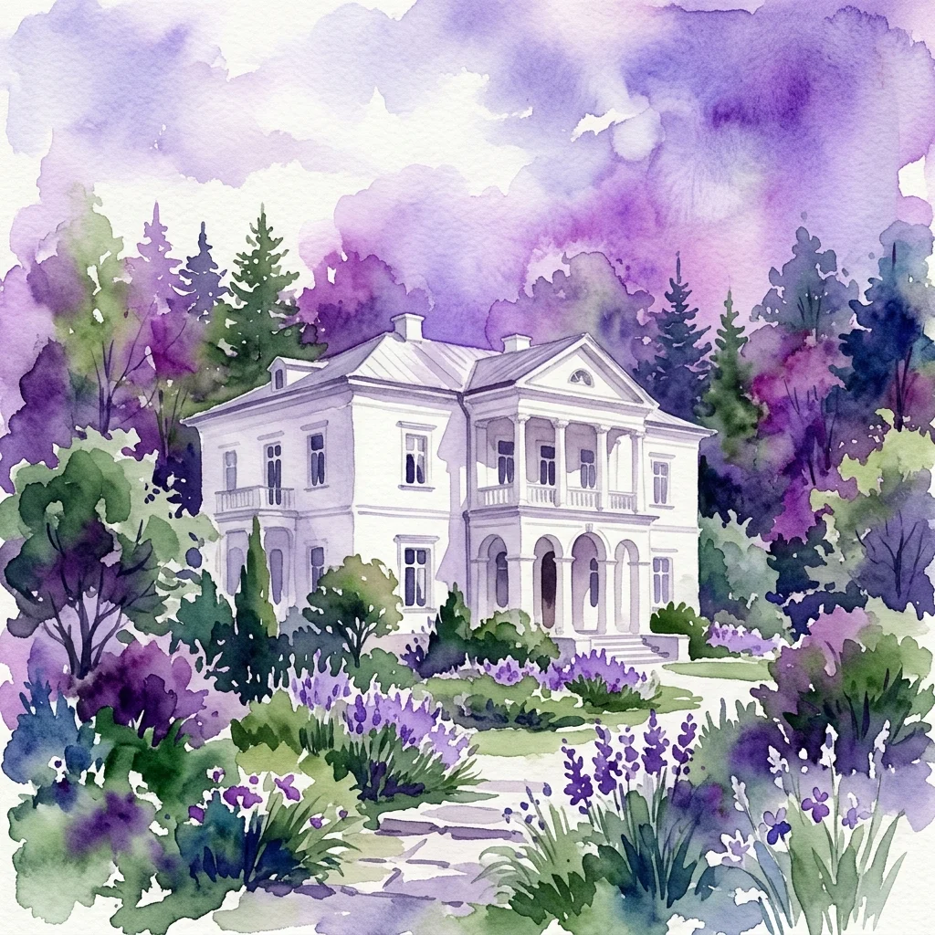 Ilustracja akwarelowa Białego Pawilonu, zabytkowej XVIII-wiecznej białej willi o klasycznej architekturze, otoczonej bujnymi zielonymi ogrodami i fioletowymi kwiatami pod łagodnym niebem.