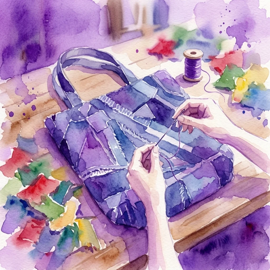 Una ilustración en acuarela de manos cosiendo una bolsa tipo tote de retazos de tela de mezclilla reciclada, con retazos de tela coloridos y un carrete de hilo sobre un banco de trabajo de madera.