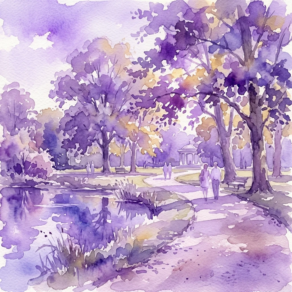 Una acuarela de un paisaje sereno de parque con tonos púrpuras y dorados, que presenta árboles, un estanque, un sendero y visitantes, característico del estilo impresionista de Max Liebermann.