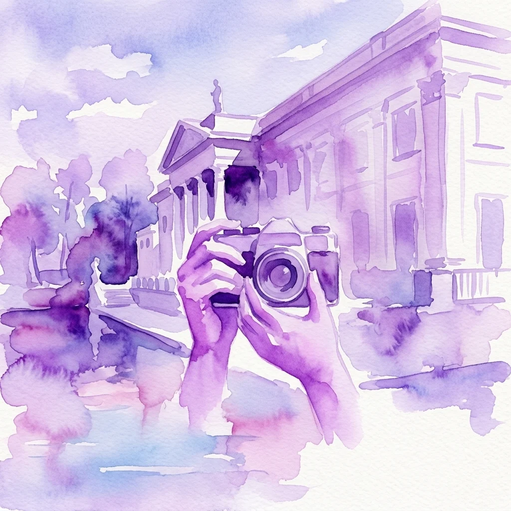 Una ilustración en acuarela de manos sosteniendo una cámara antigua, con el Palacio Real de Łazienki de fondo bajo un cielo morado suave.