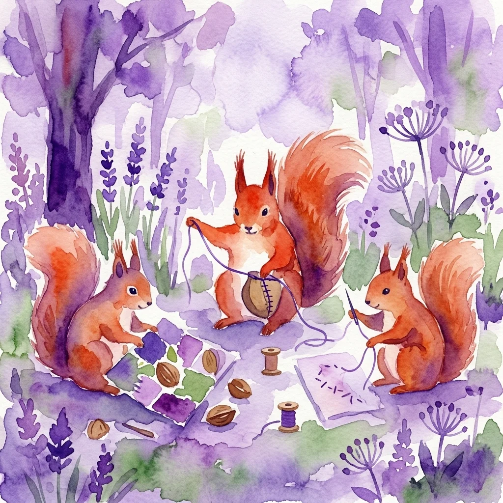 Waterverfillustratie van drie eekhoorns die notenzakjes en geborduurde collages maken in een paarse botanische tuin, onderdeel van het 'U Basi na imieninach'-evenement in het Koninklijk Łazienki Park.