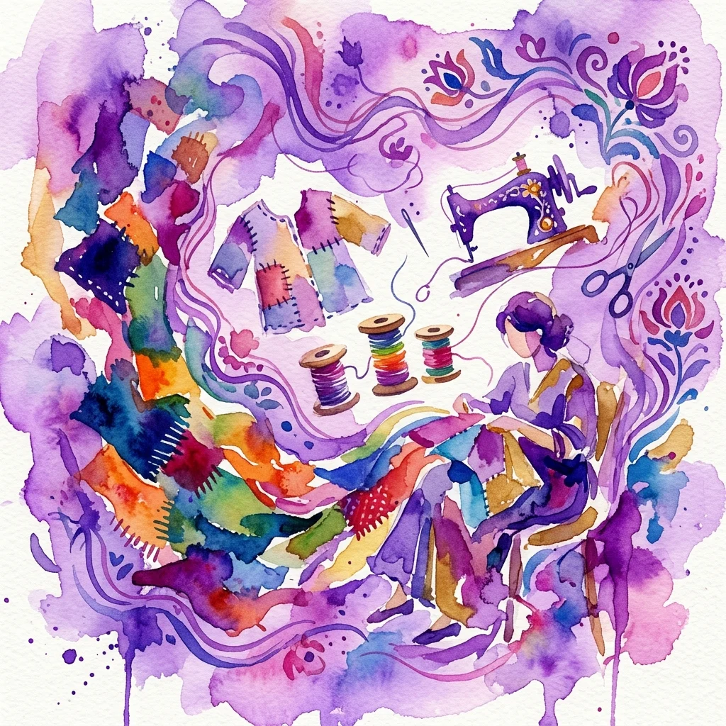 Ilustracja akwarelowa pracowni krawieckiej z kolorowymi skrawkami materiału, maszyną do szycia, szpulami nici i osobą szyjącą, inspirowana wzorami Stanisława Wyspiańskiego.