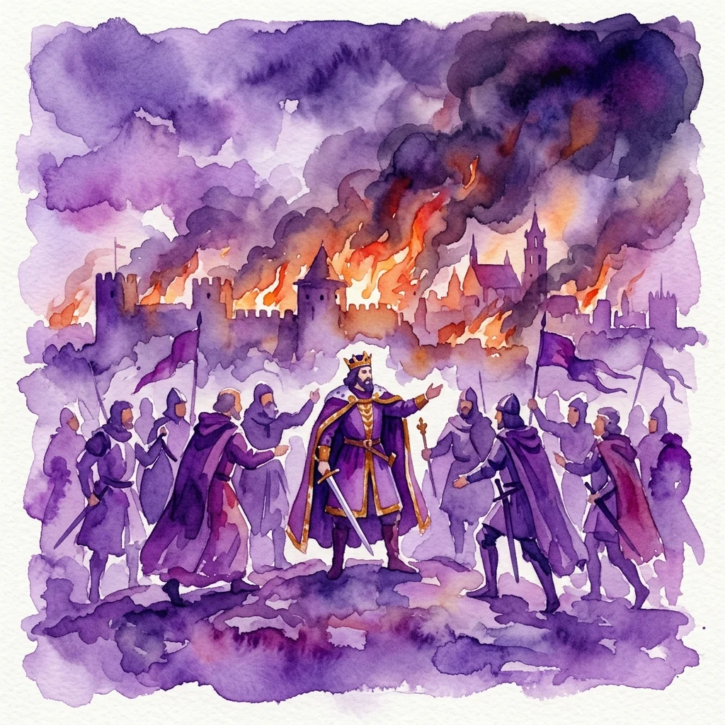 A watercolor painting of Grand Duke Vytautas of Lithuania taking an oath amidst a burning city, surrounded by historical figures in 19th-century European style.