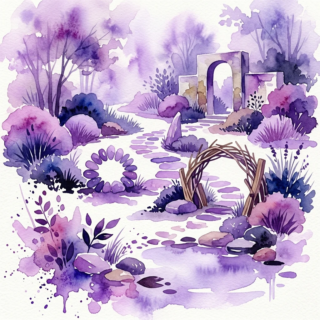 Ilustracja akwarelowa spokojnej ścieżki ogrodowej w odcieniach fioletu i lawendy, przedstawiająca naturalne materiały, takie jak kamienie, gałęzie i rośliny, inspirowana land artem i historycznym projektowaniem ogrodów.