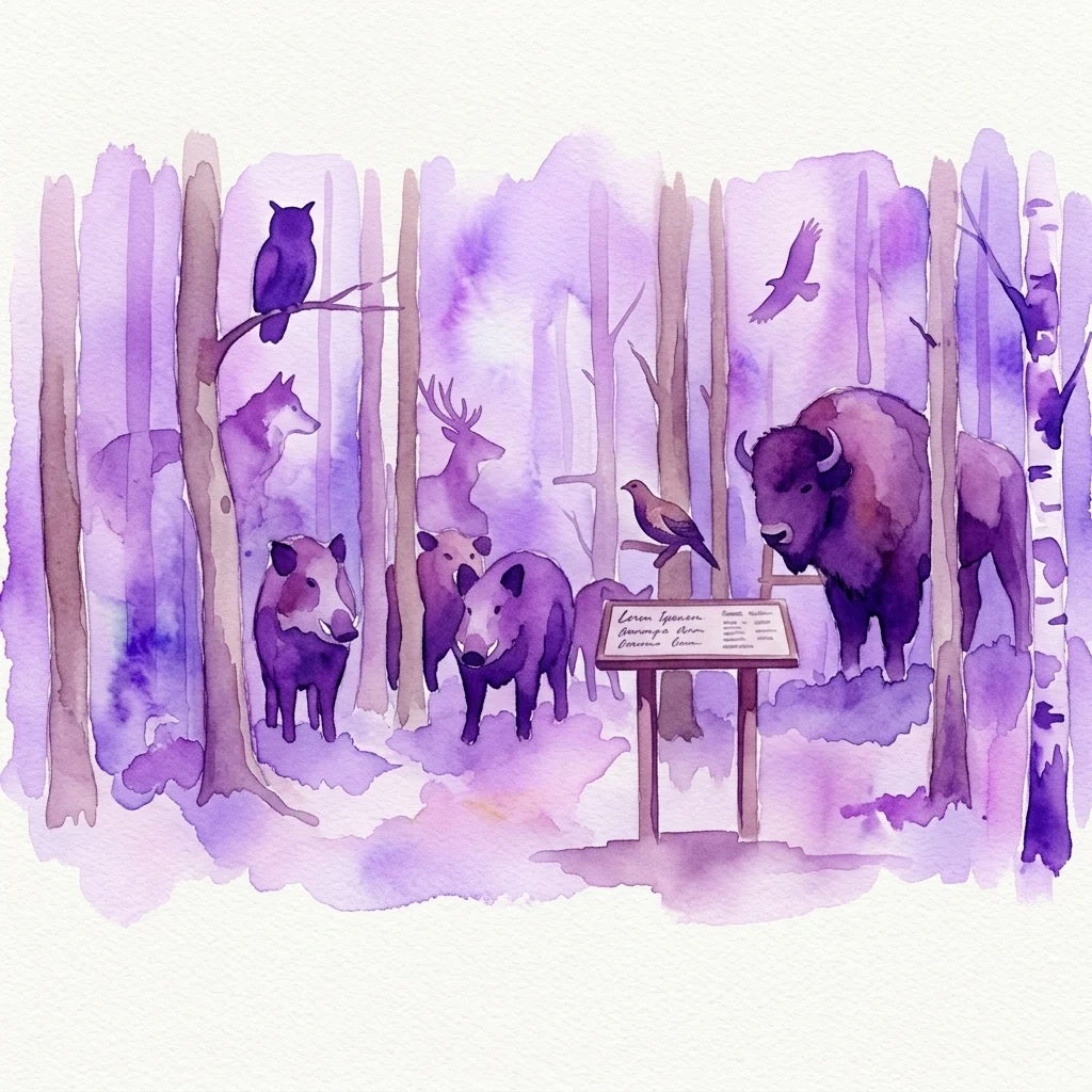 Ilustracja akwarelowa leśnego dioramatu przedstawiająca dzikie zwierzęta, takie jak dziki, jelenie, wilki, sowa, ptak i bizon, z tabliczką na pierwszym planie.
