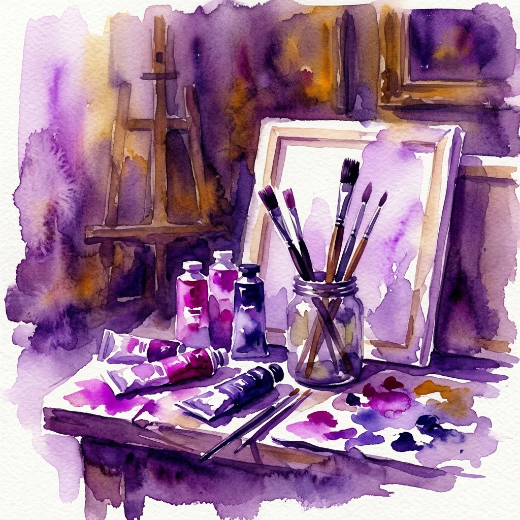 Ilustracja akwarelowa pracowni artystycznej z farbami olejnymi, pędzlami, płótnami i sztalugami, przywołująca atmosferę barokowej pracowni malarskiej.