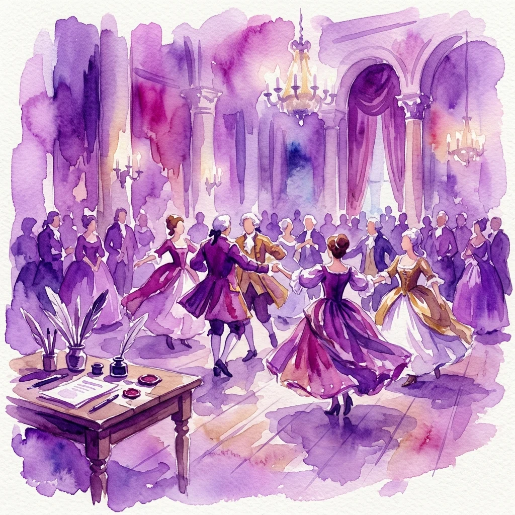 Watercolor illustration of 18th-century Polish royal court scene with people in historical attire dancing and a table with quill pens and writing tools, evoking cultural and historical immersion.