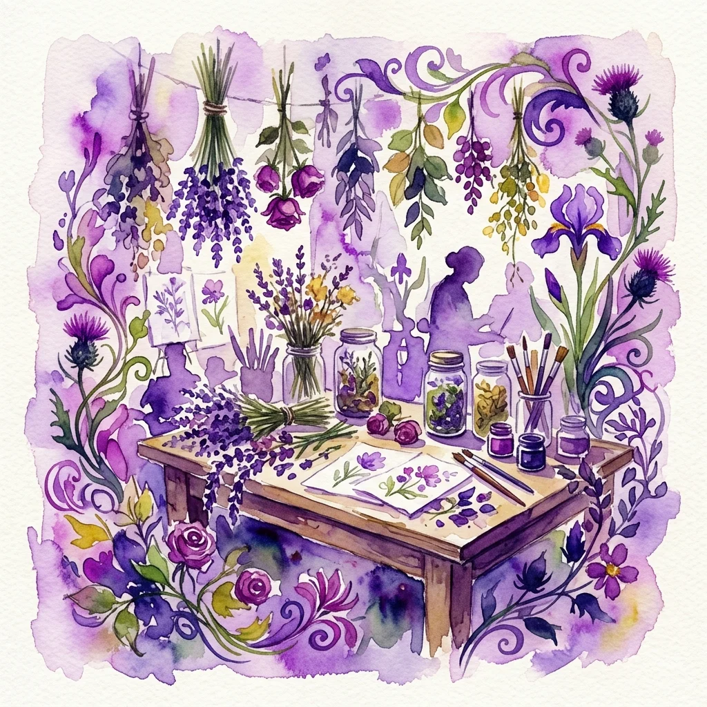 Een aquarelillustratie van een botanische kunstworkshop met gedroogde bloemen, kruiden en artistieke benodigdheden gerangschikt op een tafel, geïnspireerd door de bloemmotieven van Stanisław Wyspiański.