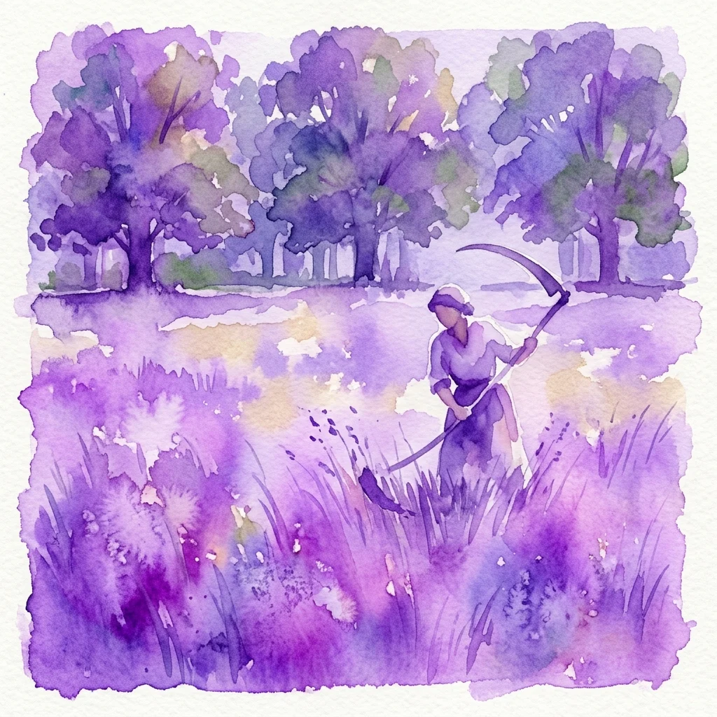 Ilustracja akwarelowa przedstawiająca osobę koszącą wysoką trawę kosą na nasłonecznionej łące, otoczonej drzewami w królewskim parku.