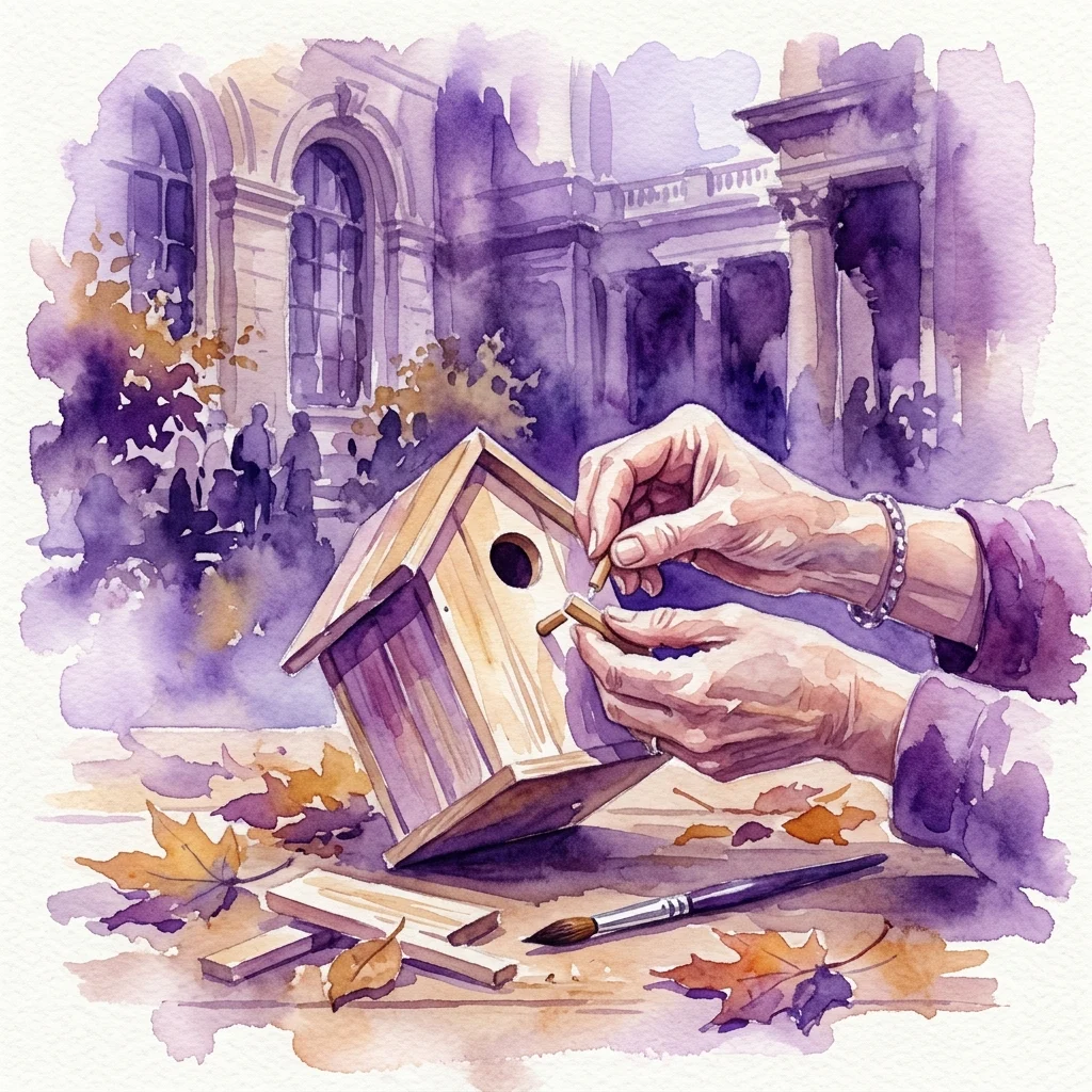 Una persona montando una casa de madera para pájaros con hojas de otoño y herramientas, sobre el telón de fondo de la arquitectura histórica del Museo Real Łazienki.