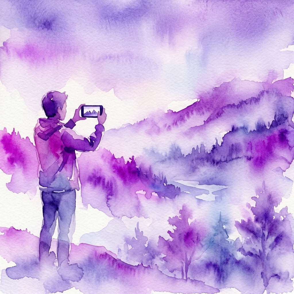 A person using a smartphone to photograph a misty landscape with purple and blue watercolor tones, illustrating a mobile landscape photography workshop.