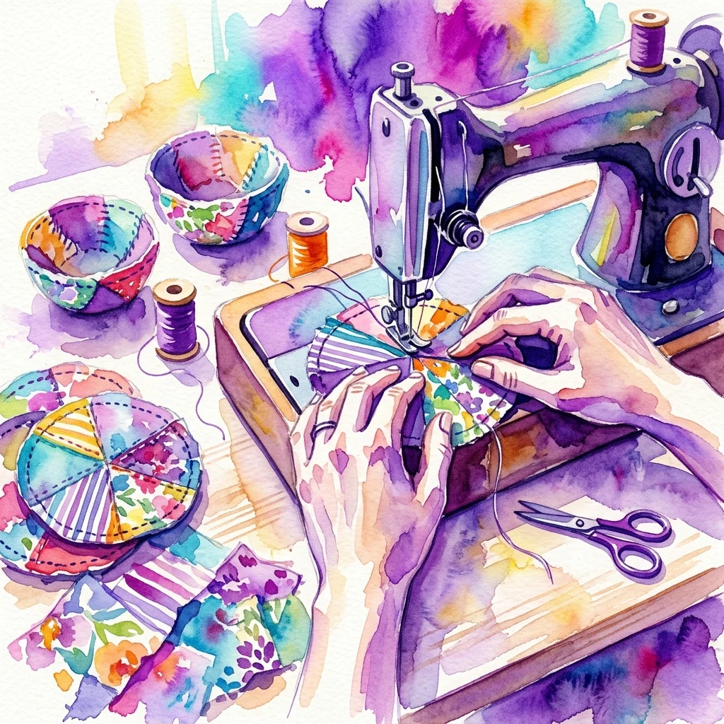 Una ilustración en acuarela de manos cosiendo retazos de tela coloridos en una máquina de coser para crear posavasos y cuencos pequeños, mostrando un taller donde la ropa vieja se reutiliza de forma creativa.