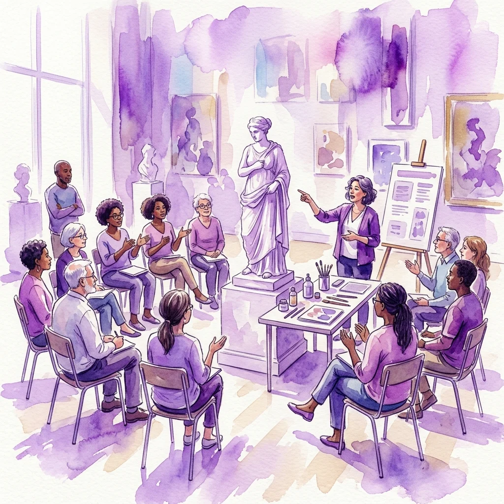 Een aquarelillustratie van een volwassen taalworkshop in een museumgalerij, waar deelnemers een klassiek beeldhouwwerk en materialen voor kunstconservering bespreken met een instructeur.