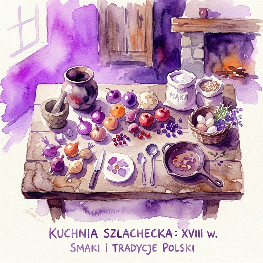 Ilustracja akwarelowa XVIII-wiecznej polskiej kuchni ze świeżymi produktami, narzędziami kuchennymi i kominkiem, przywołująca historyczne tradycje kulinarne.