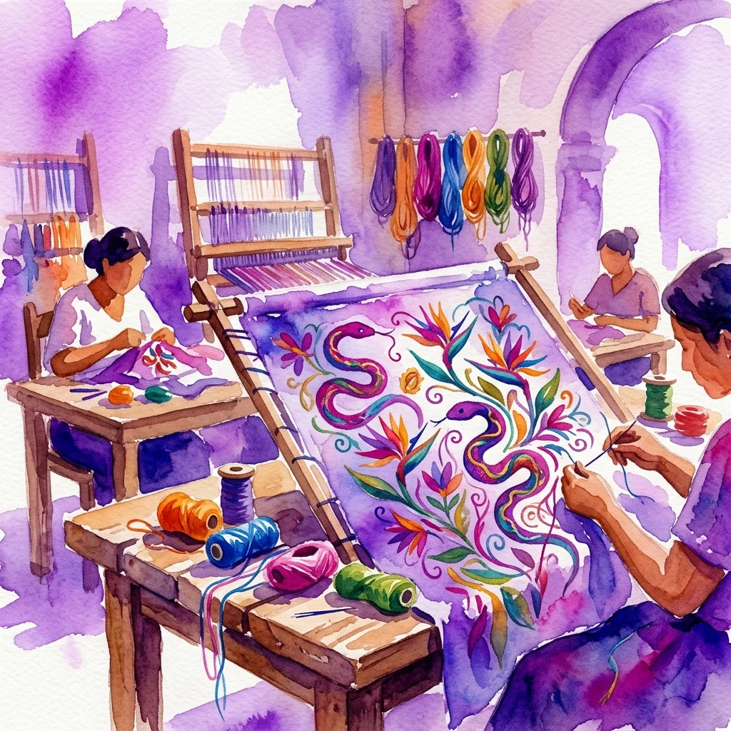 Ilustracja akwarelowa meksykańskiej pracowni hafciarskiej, gdzie ludzie tworzą żywe, kolorowe wzory z wężami i rajskimi ptakami na tkaninie, inspirowane tradycyjnymi technikami.