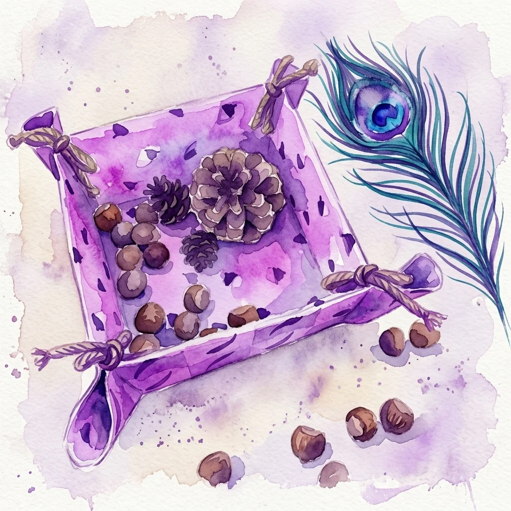 A watercolor illustration of a purple woven fabric basket with rope handles, filled with pinecones and hazelnuts, accompanied by a peacock feather, evoking a craft workshop theme.