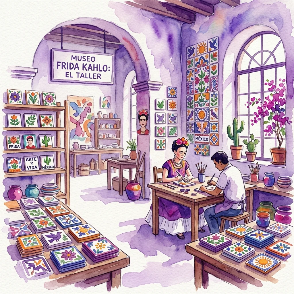 Ilustracja akwarelowa warsztatu ceramicznych płytek inspirowanego Fridą Kahlo, przedstawiająca artystów tworzących kolorowe płytki w stylu Talavera z motywami kwiatowymi i przyrodniczymi pod szyldem z napisem 'Museo Frida Kahlo: El Taller'.