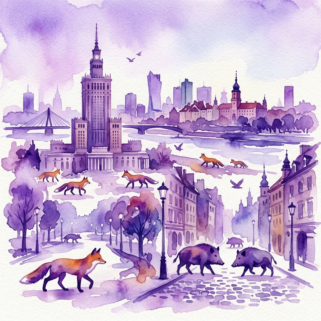 Watercolor illustration of Warsaw's skyline featuring wild animals like foxes and wild boars in urban settings, highlighting wildlife adaptation in the city.