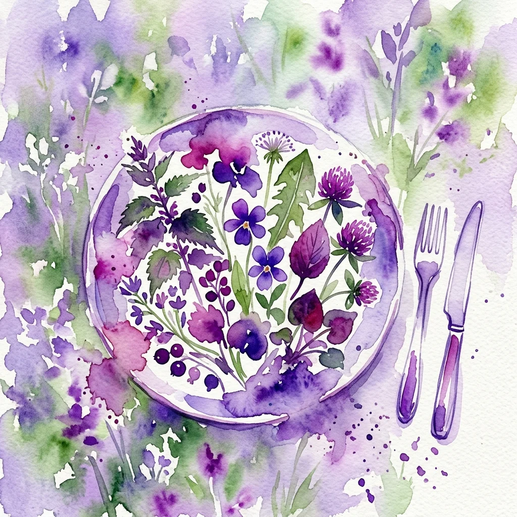 Una ilustración en acuarela de un plato lleno de plantas silvestres comestibles como violetas, dientes de león y bayas, sobre un fondo de jardín con cubiertos, representando una exploración culinaria de la naturaleza.