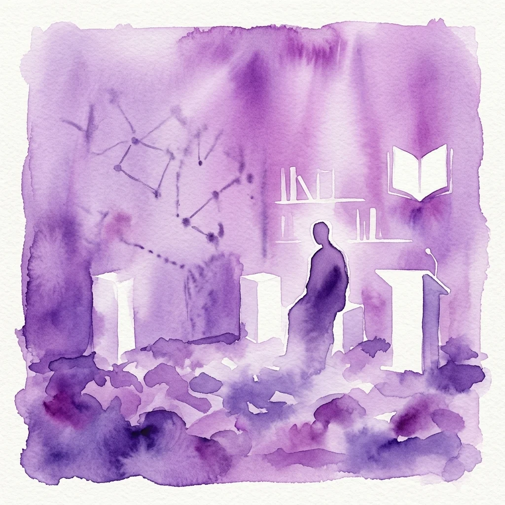 Ilustracja akwarelowa przedstawienia teatralnego w odcieniach fioletu, z sylwetką postaci, pulpitem, książkami i abstrakcyjnymi kształtami, tworząca kontemplacyjną i surrealistyczną atmosferę dla spektaklu opartego na 'Wiośnie' Brunona Schulza.