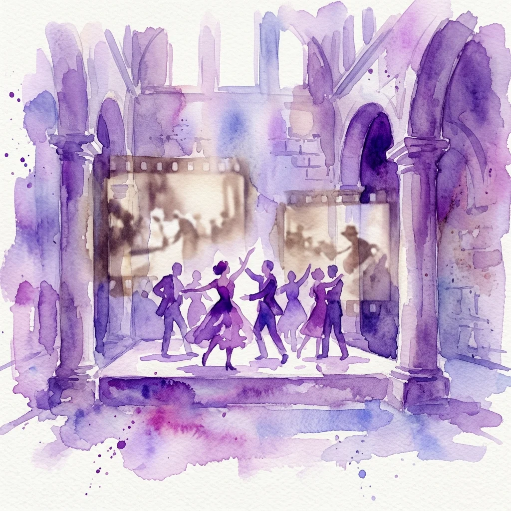 Een aquarelillustratie van een voorstelling geïnspireerd op Bruno Schulz' 'Lente', met dansers op een podium in een historisch waterreservoirgebouw met boogvormige zuilen en filmstrip-projecties.