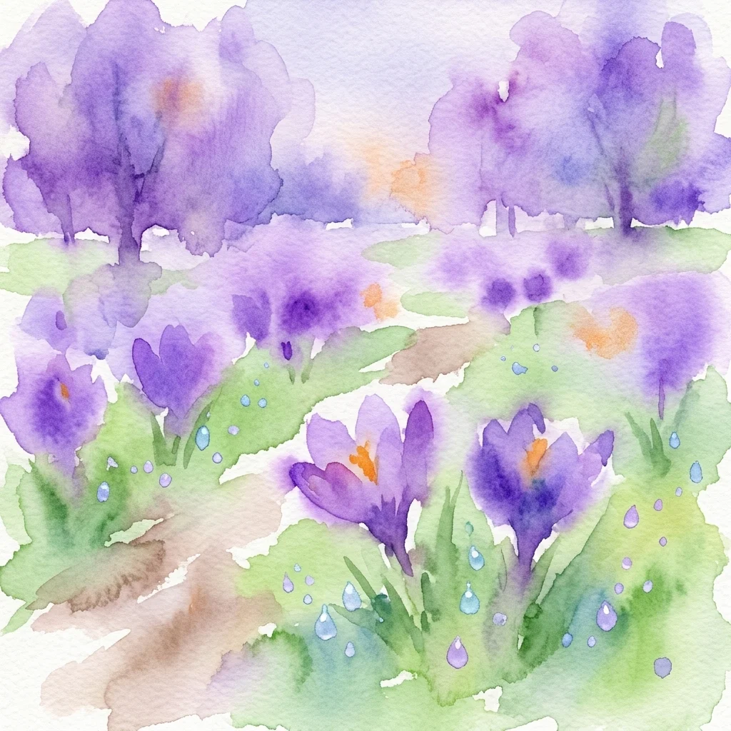 Watercolor painting of purple crocuses blooming in a spring park with dew on green grass and soft purple trees in the background.