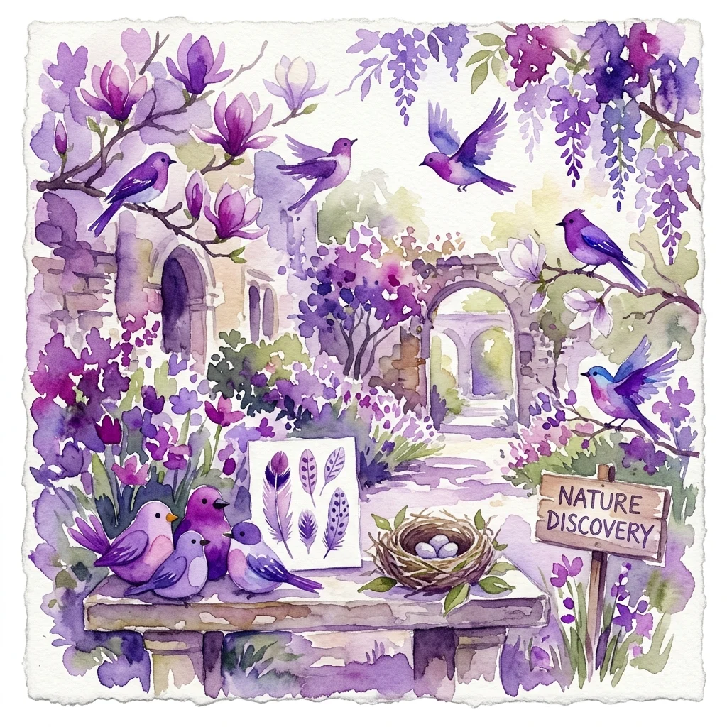 Ilustracja akwarelowa fioletowych ptaków w wiosennym ogrodzie z kwitnącymi magnoliami i wisterią, prezentująca stanowisko odkrywania przyrody z piórami, gniazdem i tabliczką, przywołująca motyw wiosennego przebudzenia w ogrodach Łazienek Królewskich.