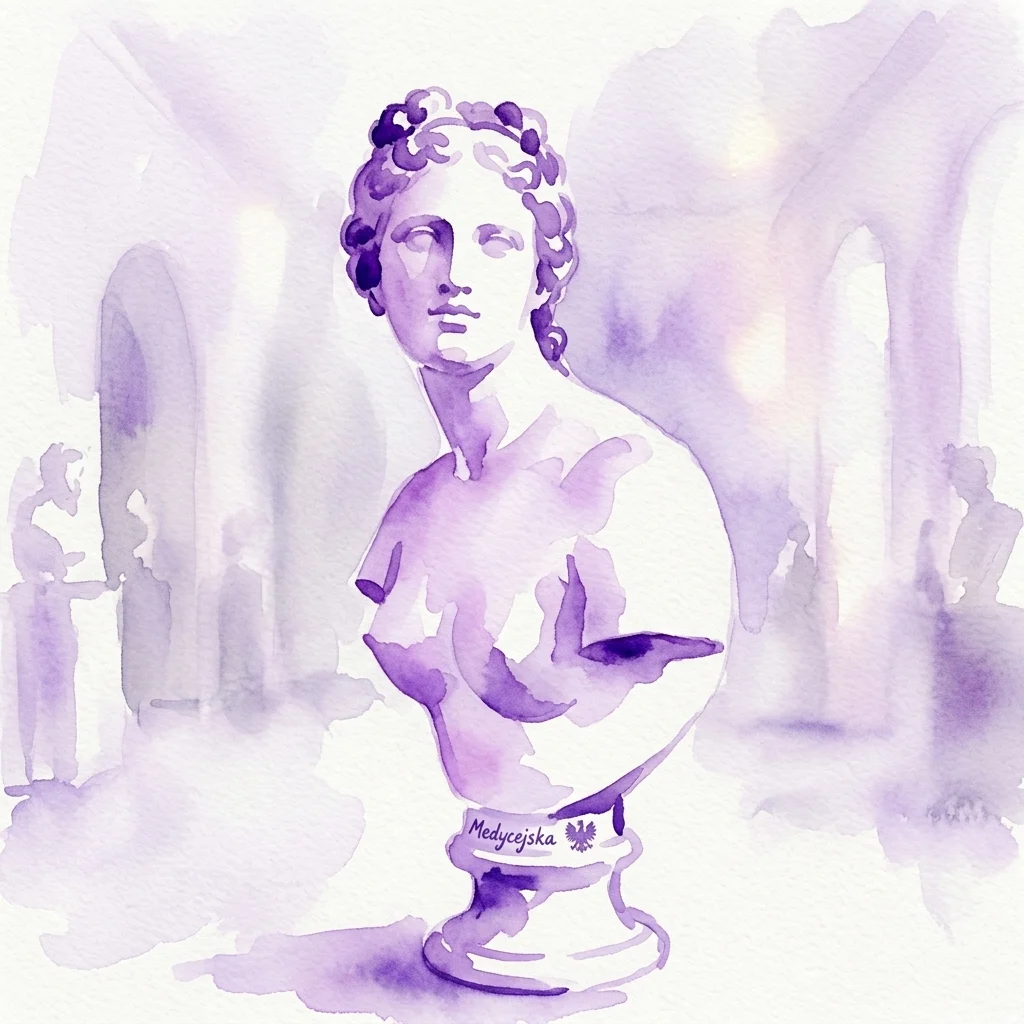 A purple watercolor illustration of a classical marble bust of Venus, part of the 'Italian Fascination of Stanisław August' exhibition at the Royal Castle in Warsaw.