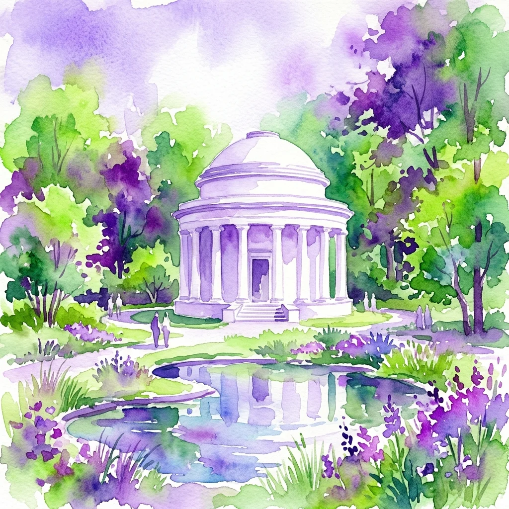 Una ilustración en acuarela del Wodozbiór, un edificio neoclásico circular con cúpula y columnas, ubicado en un exuberante parque verde con flores moradas y un estanque reflectante.