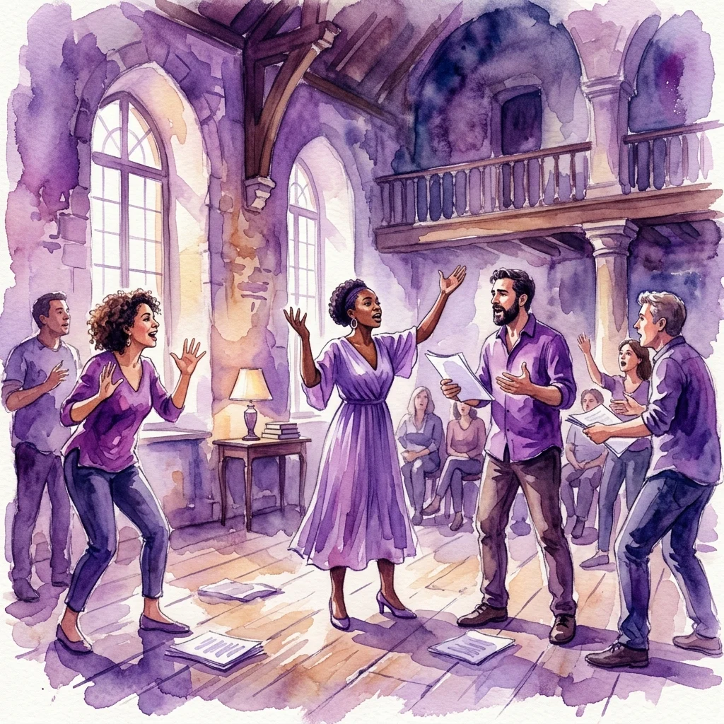 Een diverse groep volwassenen die deelnemen aan een theatrale workshop, waarbij expressieve gebaren worden geoefend en Shakespeariaanse zinnen worden gereciteerd in een historische kamer met hoge bogen en houten vloeren.