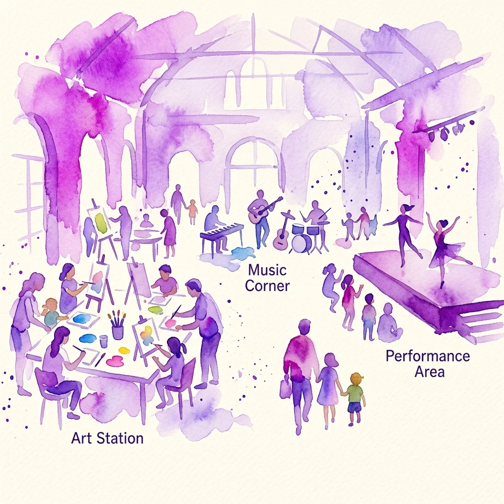 Illustration of the Workshop of Marvels at Royal Łazienki Museum, featuring an art station, music corner with instruments, and a performance area with dancers, all in a vibrant purple watercolor style.