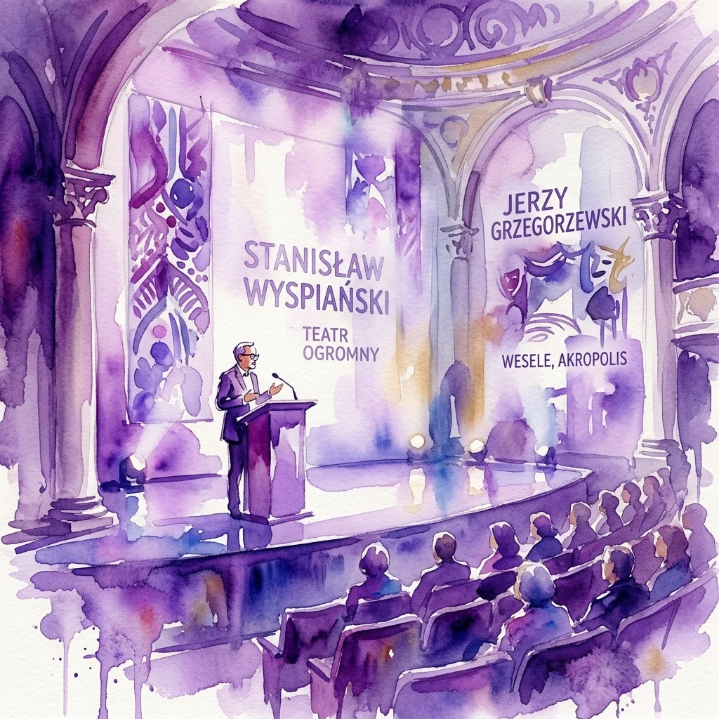 Una ilustración en acuarela de una conferencia en un teatro histórico, con un orador en un podio con "Stanisław Wyspiański" y "Jerzy Grzegorzewski" al fondo, explorando leyendas teatrales polacas.
