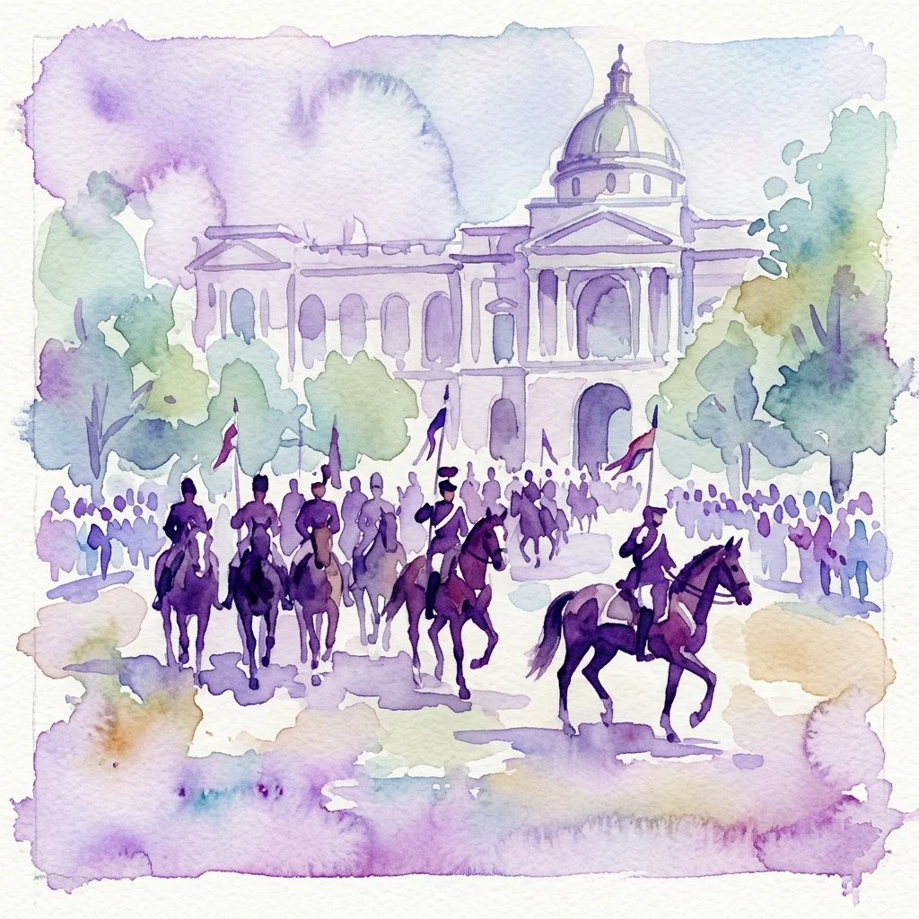 Ilustración en acuarela de soldados de caballería con uniformes tradicionales montando a caballo durante un desfile en el Museo Real Łazienki, con arquitectura clásica y vegetación de fondo.