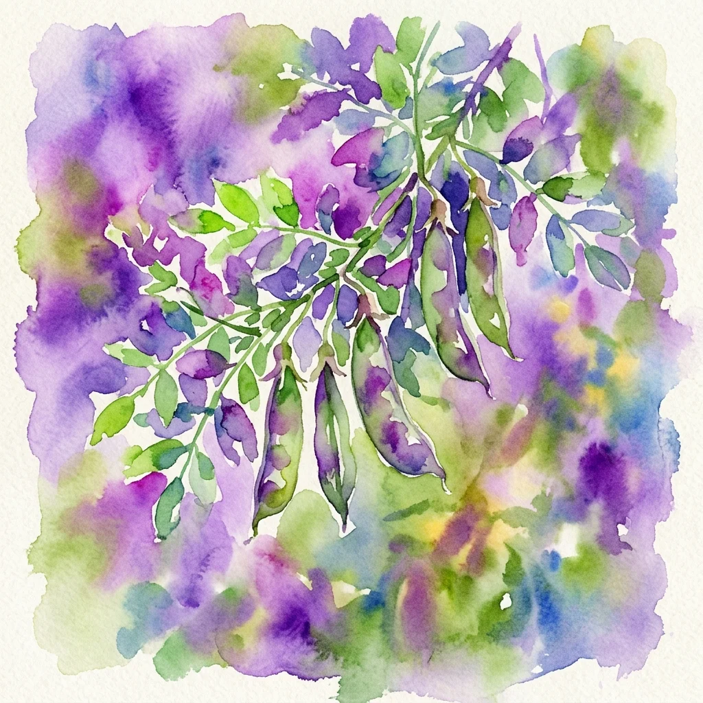 Akwarela przedstawiająca gałąź z zielonymi liśćmi i fioletowymi strąkami, reprezentująca krzew grochu syberyjskiego (caragana sibirica) w stylu sztuki botanicznej.