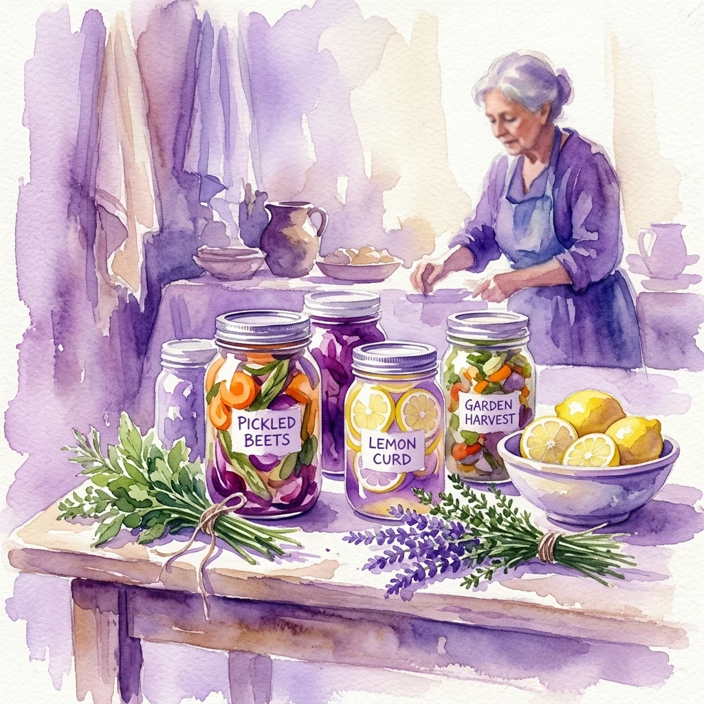 Ilustracja akwarelowa przedstawiająca kobietę przygotowującą marynowane warzywa i twarożek cytrynowy w słoikach, inspirowana historycznymi praktykami kulinarnymi z notatek Paula Tremo, ze świeżymi ziołami i sezonowymi składnikami na rustykalnym stole.