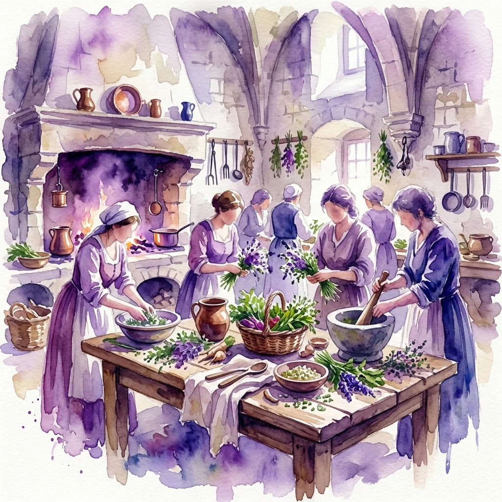 Een aquarelillustratie van een historische keukenscène waarin vrouwen in historische kledij eten bereiden met verse kruiden en wilde planten, geïnspireerd door de culinaire technieken van Paul Tremo.