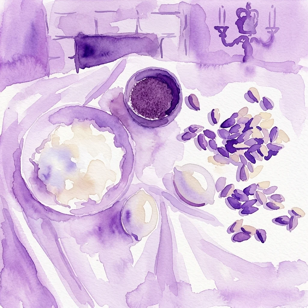 Ilustracja akwarelowa przedstawiająca XVIII-wieczne przygotowanie polskiej zupy migdałowej, z miskami składników i migdałami na stole, ze świecznikiem w tle.