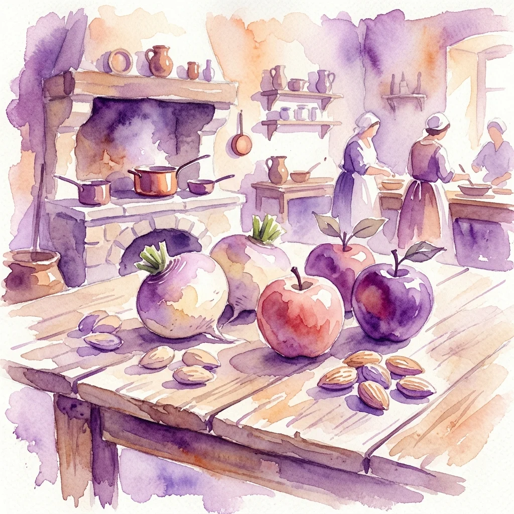 Ilustracja akwarelowa przedstawiająca historyczną kuchnię z rzepą, jabłkami i migdałami na drewnianym stole, nawiązująca do polskiej kuchni królewskiej z XVIII wieku z przepisów Paula Tremo.