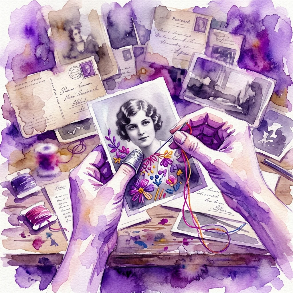 Ilustracja akwarelowa przedstawiająca dłonie haftujące vintage czarno-białe zdjęcie kolorowymi nićmi, otoczone starymi pocztówkami i archiwalnymi obrazami w pracowni.