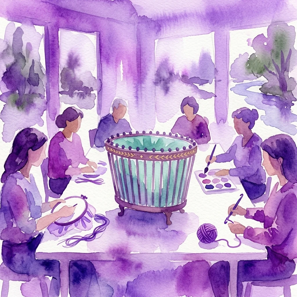 Los adultos participan en un taller de manualidades con bordado, pintura y ganchillo, inspirados en el arte histórico en un centro educativo temático de la naturaleza.